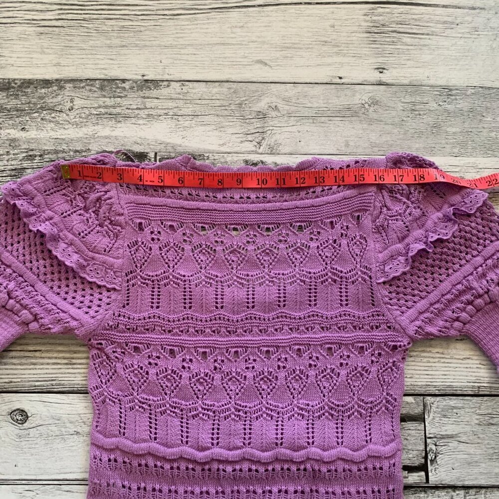 Zara Pointelle Knit Crochet Puff Sleeve Scoop Neck Lavender Cropped Sweater - Picture 12 of 13